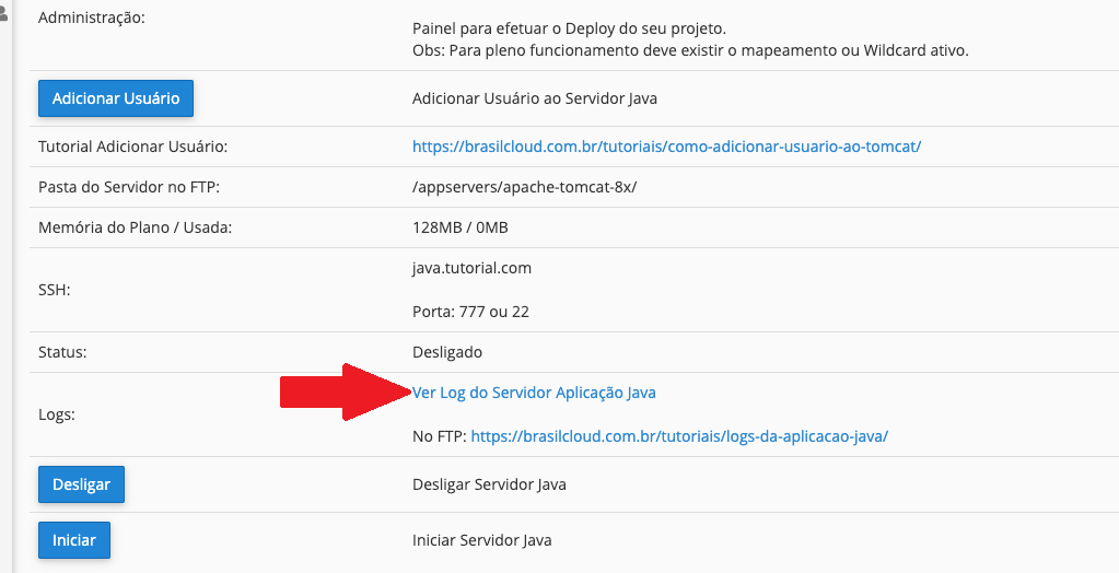 Logs da aplicação Java
